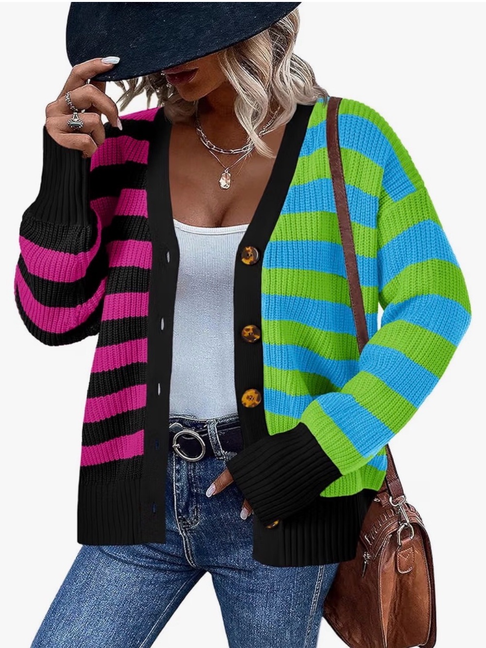 Colorblock Striped V-Neck Cardigan Sweater - Pink/Black & Blue/Green
